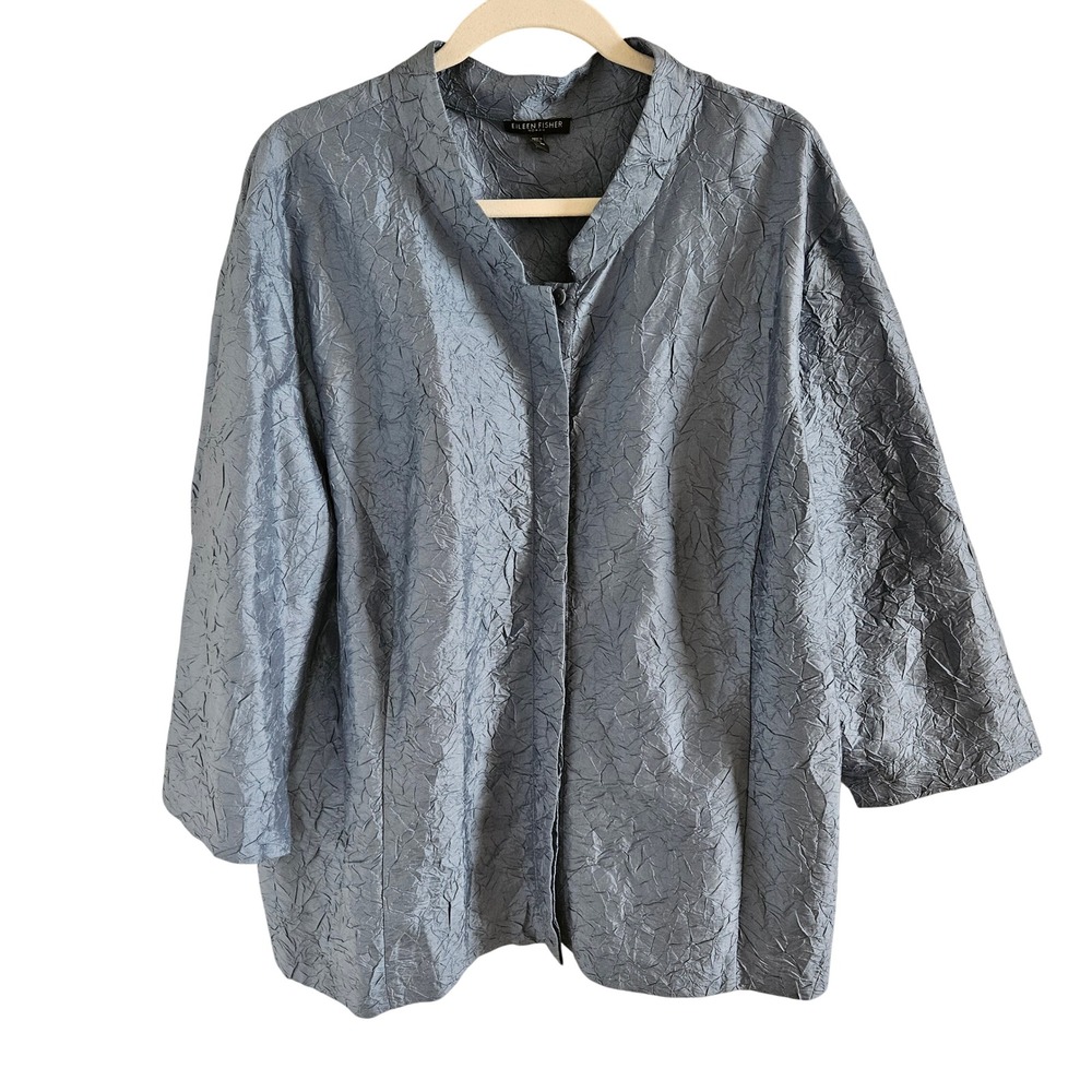 Eileen Fisher Woman 3X Blue Gray 100% Silk Crinkle Jacket/Blouse Button upLuxury